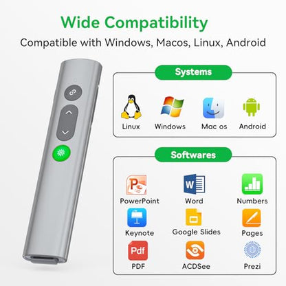 Presentation Clickers for PowerPoint Presentations, [Aluminum Alloy] + [2 in 1 USB C/A] PowerPoint Clicker with Laser Pointer Wireless Presenter PPT Slide Remote Control Clicker for Mac, Computer - style: Green Light