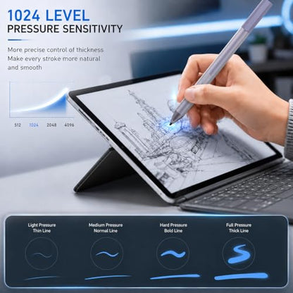 Pen for Surface Pro 11/10/9/8/X, Surface Laptop/Book/Go/Studio, Kobo | Palm Rejection, 1024 Pressure, 2500H Battery Life Active Stylus Pencil for Student Note-Taking & Artist Business Drawing - color: Gray