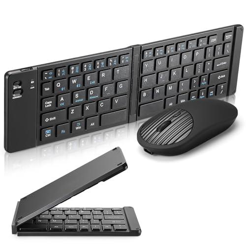 Mini Rechargeable Foldable Bluetooth Keyboard and Mouse Combo, Portable (Sync Up to 3 Devices), Ultra-Slim Travel Folding Keyboard for iPhone iPad Mac Android Windows iOS（Black） - color: black