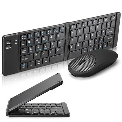 Mini Rechargeable Foldable Bluetooth Keyboard and Mouse Combo, Portable (Sync Up to 3 Devices), Ultra-Slim Travel Folding Keyboard for iPhone iPad Mac Android Windows iOS（Black） - color: black