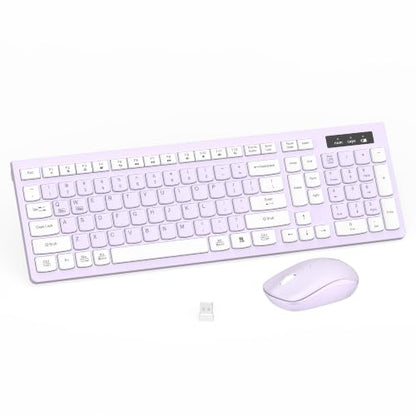 Wireless Keyboard and Mouse Combo, Full-Sized Wireless Keyboard and Adjustable DPI Mouse, 2.4GHz USB Receiver, Keyboard and Mouse for PC, Windows, Desktop, Laptop (Lilac) - color: Light Purple