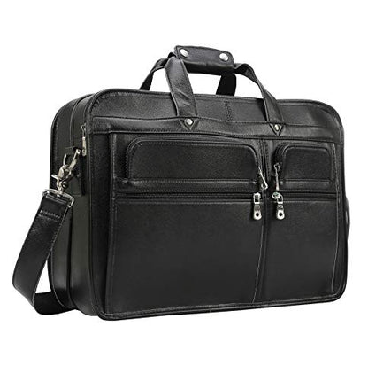 Men's Full Grain Leather Briefcase Large 17 Inch Business Travel Laptop Messenger Bag Tote with YKK Metal Zippers - color: Black