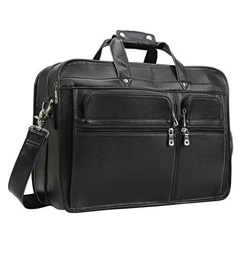 Men's Full Grain Leather Briefcase Large 17 Inch Business Travel Laptop Messenger Bag Tote with YKK Metal Zippers - color: Black