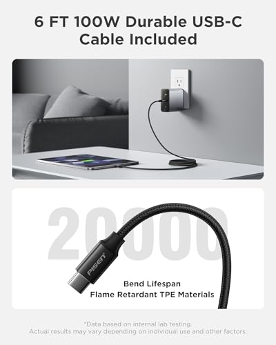 PISEN 100W USB C Charger - 3-Port 100W GaN USB C Charging Block Fast Charging, 100Watt Charging Block with 6FT Type C Cable, 100Watt Wall Charger for MacBook, iPad, iPhone, Samsung, Google Pixelbook