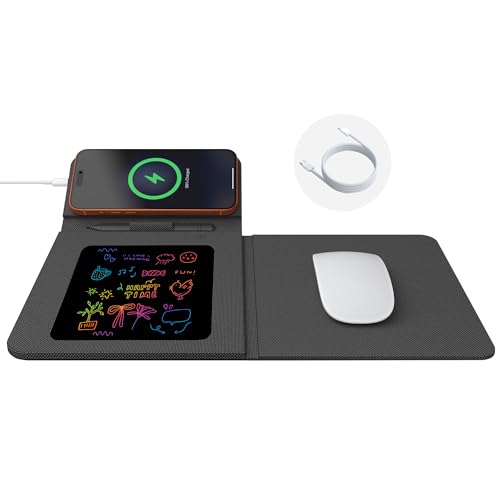 Foldable Wireless Charging Mouse Pad with Writing Tablet,15W Qi Magnetic Fast Charging Travel Mouse Pad,Multi-Functional PU Leather Mat Charging Pad for iPhone Samsung iWatch,Office Home Accessories - color: Black