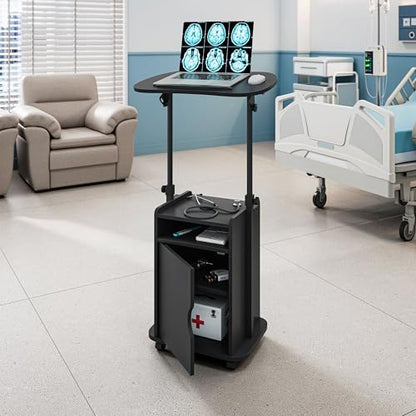 Techni Mobili Adjustable Laptop Cart w/Storage, Rolling Mobile Desk, Black | Adjustable laptop cart with storage cabinet, shelf, locking wheels, sit‑stand height for home office, bedside, classroom - color: Black