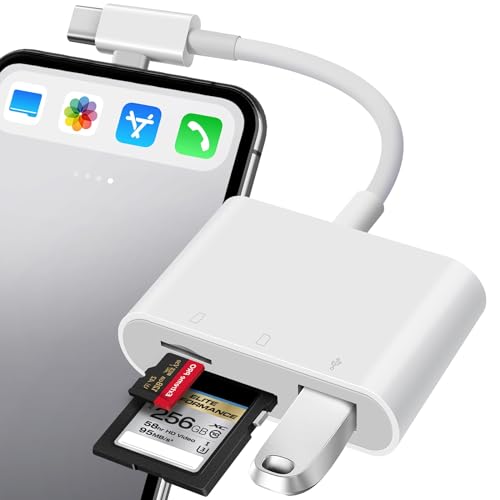 SD Card Reader for iPhone, SD Card Adapter with Lightening & USB C Dual Connectors Plug&Play Supports microSD, SD and USB-A OTG, Portable Trail Camera Memory Reader for iPhone Mac MacBook iPad