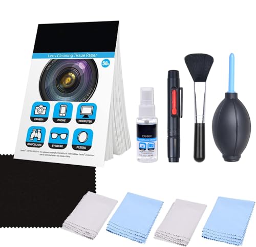 Camkix Camera Lens Cleaning Kit - Air Blower, 2in1 Lens Cleaning Pen, Cleaning Brush, Spray Bottle w/Cleaning Solution, Lens Cleaning Paper Tissue (50 Sheets), Microfiber Cleaning Cloths- for Lenses - color: W/ Fluid
