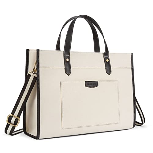 Missnine Laptop Tote Bag Canvas Laptop Bag 15.6 inch Work Shoulder Bags Casual Briefcase Handbag for Travel, Office, College - color: Black+beige