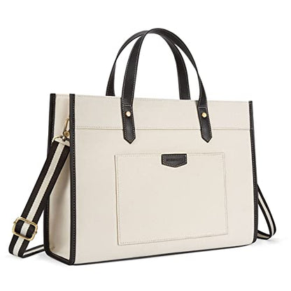 Missnine Laptop Tote Bag Canvas Laptop Bag 15.6 inch Work Shoulder Bags Casual Briefcase Handbag for Travel, Office, College - color: Black+beige