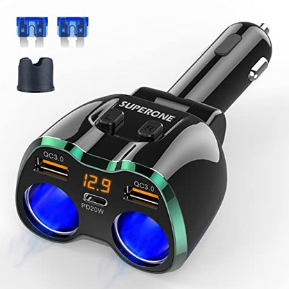 SUPERONE 180W 2-Socket Cigarette Lighter Splitter with QC3.0 & 20W PD USB C | 2026 Upgraded Cigarette Lighter Adapte, USB C Car Charger Splitter for GPS/Dash Cam/Laptop/iPad/iPhone 17/16/15/14/13/12 - color: Green