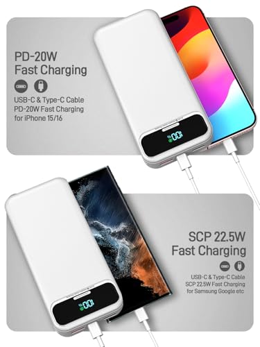 Nusyddy Portable Charger 20000mAh Fast Charging w/Built-in Wall Plug White | 22.5W Fast Charging, High Capacity, LED Display, Charge 5 Devices at once, TSA Approved, Compatible with iPhone/Samsung - color: Pearl