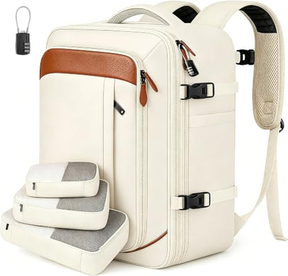 Vancropak Travel Backpack for Women, Airline Approved Carry on Backpack | 3 Packing Cubes, Fits 17" Laptop, Expandable Large 40L Travel Bag, Personal Item Backpack 18x14x8, Anti Theft,Weekend Daypack - color: White Brown