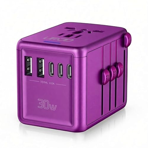 Universal Travel Adapter, 30W Fast Charging, for Europe UK US, Purple | 3 USB-C + 2 USB-A Ports & 2500W AC Outlet, International Power Adapter for Phone Laptop, Travel Charger for 200+ Countries - color: 3 USB Type C + 2 USB Type A - Purple