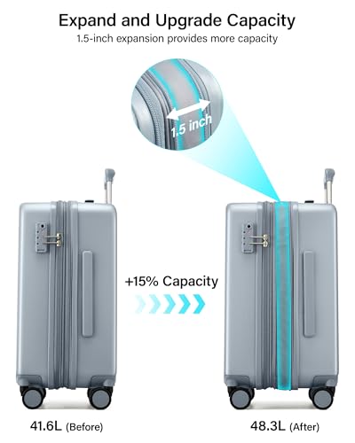 Hanke 20 Inch Expandable Carry On Luggage, Hard Shell with Side Hook | PC Hard Shell, Overhead Bin, Expandable Up to 15%, 8 Spinner Wheels, TSA Lock, Lightweight, Weekend Getaway - color: Grey, size: 20 Inch EXT