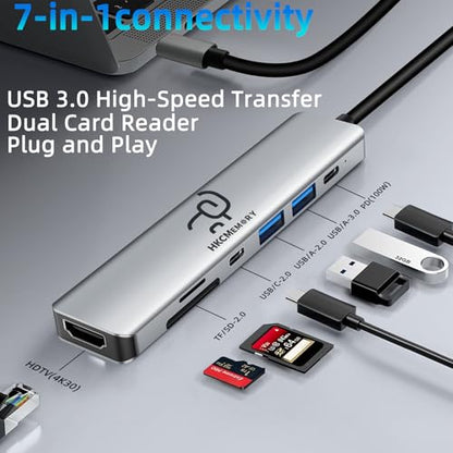USB C Hub 7-in-1 Multi-Port Adapter, 4K HDMI Dongle, 100W PD, USB 3.0/2.0 Ports, SD/TF Card Reader, USB-C Docking Station for MacBook Mac Pro/Air, Dell XPS, HP, Lenovo Thinkpad