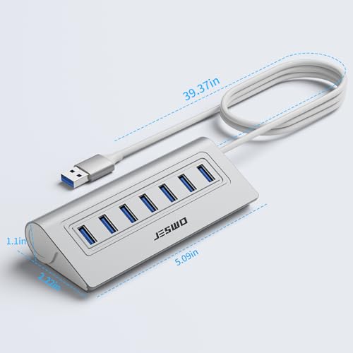 USB Hub 3.0, JESWO Aluminum 7 Port USB 3.0 Hub with 3.3Ft Cable, USB Splitter with 7-USB3.0 Data Ports Compatible with MacBook, Laptop,Surface Pro, PS5, PC and More (No Power Adapter Included)