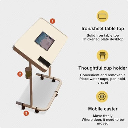 Overbed Table Portable Computer Desk, Rollaway Desk with Cup Holder, Mobile Standing Desk, Multifunctional Height Adjustable Table with Wheels, Sofa Side Table, Tilting Overbed Bedside Table (Color : - color: Yellow