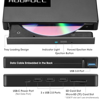 ROOFULL External CD DVD Drive with 4 USB Port & 2 SD Card Slot & Case | 8 In 1 USB-C 3.0 Optical Disk Drive CD DVD Player Burner Reader Writer for Laptop PC MacBook, Windows Linux Mac OS, RF40-SU - style: 8 In 1 Drive + Carrying Case