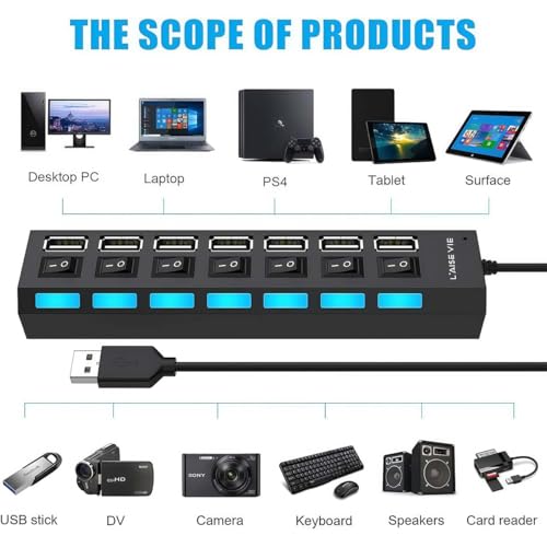 1 Pack 7 Port USB Hub 3.0,USB Hub Splitter with Individual On/Off Switches | Lights Compatible with Laptop,Mobile HDD,PC,Flash Drive - color: 7 Port