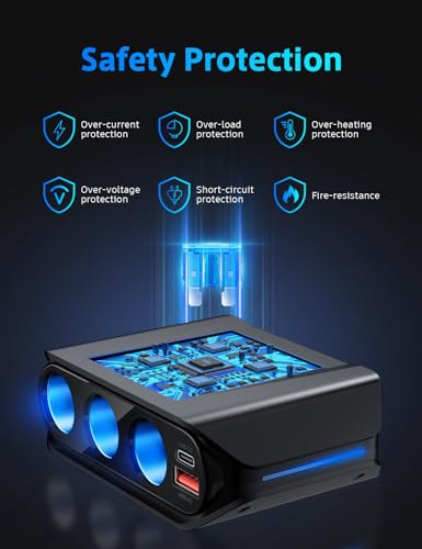7 in 1 Cigarette Lighter Splitter, SONRU 180W (max 192W) 3-Socket Car Cigarette Lighter Adapter with Dual PD 36W/QC3.0 Fast Charging (3.7FT Cable) 12V/24V Independent Switches & LED Voltage Display