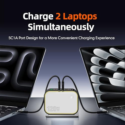 120W GaN USB C Charger, 6-Port Fast Charging Block with Night Light, PD 100W Wall Charger for MacBook Pro/Air, iPhone 17/16/15 Series, iPad, Laptop - Ultra-Compact Travel Charger for Home and Office