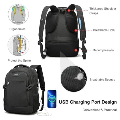 Unisex Laptop Business Backpack Men Work Bag Women Slim Backpack with USB Charging Port Travel Daypack College Rucksack Work for Men fits 15.6 Inch Notebook Black