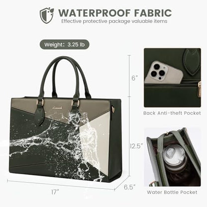 LOVEVOOK Laptop Bag for Women,17 lnch Waterproof Lightweight Leather Tote Bag,Professional Business Office Work Bags with Clutch Purse,Large Capacity Computer Shoulder Handbag,Green-Green-White - color: Army Green - Grass Grey Green - Beige White(leather)
