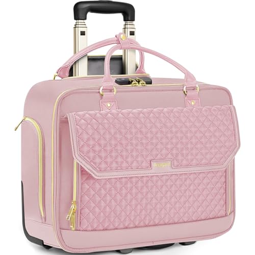 Arcoyard Rolling Laptop Bag Women, Rolling Briefcase for Women for Work, 17 Inch Computer Bag with Wheels, Fashion Flap Laptop Bag With Wheels for Work Business, TSA Friendly Design, Pink - color: Diamond Pink / Gold Telescopic Handle, size: 2 Wheels / 17