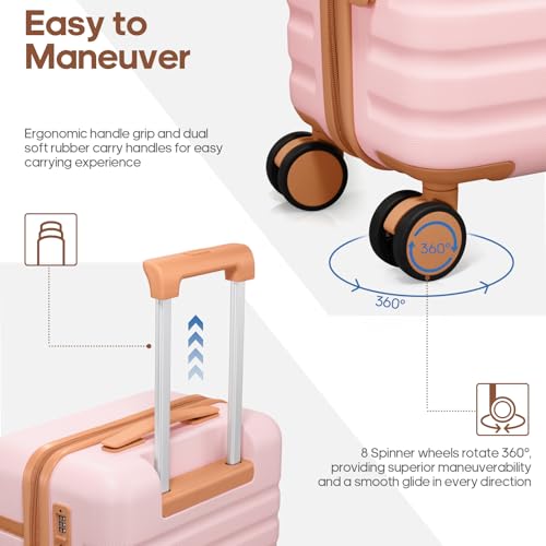 UKEIN Luggage Sets 3 Piece, PC Hardside Carry On Luggage 24 Inch With Spinner Wheels with TSA Lock, Large Suitcase Set With Travel Backpack (Pink, 3 piece set (24inch)) - color: Pink, size: 3 piece set (24inch)