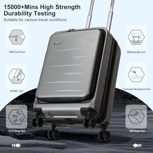 CENSIEN Expandable Carry On Luggage Airline Approved, 20 Inch Lightweight ABS+PC Hard Shell Suitcases with Front Pocket, Spinner Wheels, TSA Lock (Dark Gray, 1PC) - color: Gray, size: Carry On - 20 Inch - EXT - Front Open