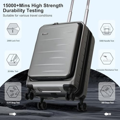 CENSIEN Expandable Carry On Luggage Airline Approved, 20 Inch Lightweight ABS+PC Hard Shell Suitcases with Front Pocket, Spinner Wheels, TSA Lock (Dark Gray, 1PC) - color: Gray, size: Carry On - 20 Inch - EXT - Front Open