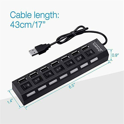7-Port USB 2.0 Hub, USB Extender Splitter with Individual LED ON/Off Switches, Over-Current Protection, Plug-and-Play for Laptop