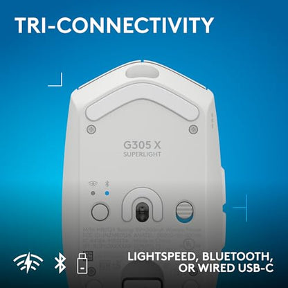Logitech G305 X SUPERLIGHT Wireless Gaming Mouse, Lightweight 59g, HERO 44K Sensor, RGB lighting, LIGHTSPEED and Bluetooth, 130+ Hr Battery Life, 6 Programmable Buttons, Compatible with PC/Mac - White - color: White, style: Superlight