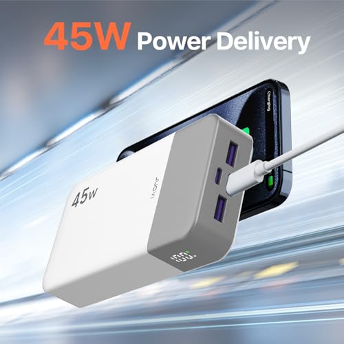 JUOVI Power Bank 45W 20000mAh Portable Charger USB C, PD QC Fast Charging 4-Port(2C+2A) External Battery Pack with LED Display, for iPhone 15 16 MacBook ipad | PD QC Fast Charging with 4 USB Ports(2C 2A), LED Display External Battery Pack for iPad Tablet