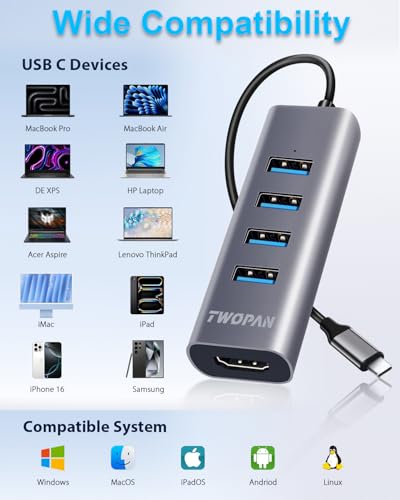TWOPAN USB-C Hub with 4K HDMI, 4 USB 3.0 Ports, 5Gbps Data Transfer – Ultra-Compact Aluminum Adapter for MacBook, iPad Pro, XPS, Surface, ThinkPad & USB-C Laptops - color: Grey