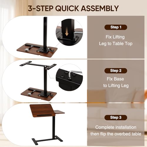 Adjustable Overbed Table with Wheels, Rolling Laptop Table for Bed & Sofa | Height Adjustable 26.38"-42.52" Hospital Bed Table with Tilt Tray for Laptop, Eating, Working, Reading & Home Office - color: Brown