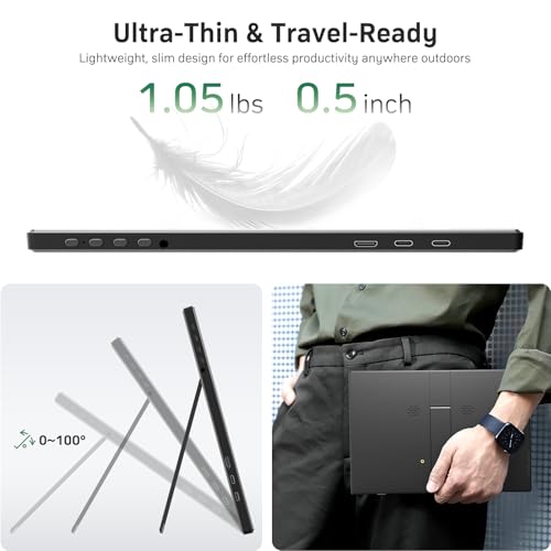 KQC 14 Inch Portable Monitor FHD 1200P, Ultra-Slim USB-C HDMI Plug & Play External Display, 100% sRGB Dual Speakers, Travel Laptop Monitor with Stand for PC Phone Xbox PS4/5 - size: 14 Inch 1200P