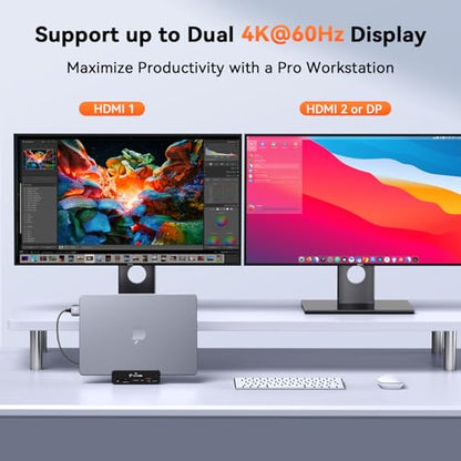 TobenONE 18-in-2 MacBook Docking Station Dual Monitor 4K@60Hz, 150W Adapter | Plug and Play, Vertical Dock Stand for MacBook Pro/Air, 2 HDMI and DP, 7 USB, 2.5GbE, 2 Audio, Space-Saving for Home Office