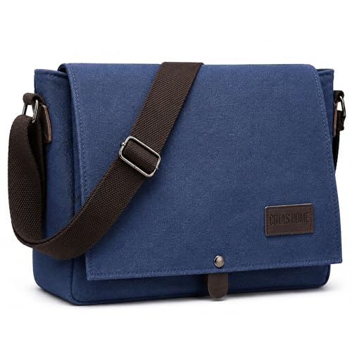 Cota's home Sodateru Bag Plus, Canvas Messenger Bag with Genuine Leather Trim, Water-Resistant Shoulder Fits 14 Inch Laptop - color: Navy Blue