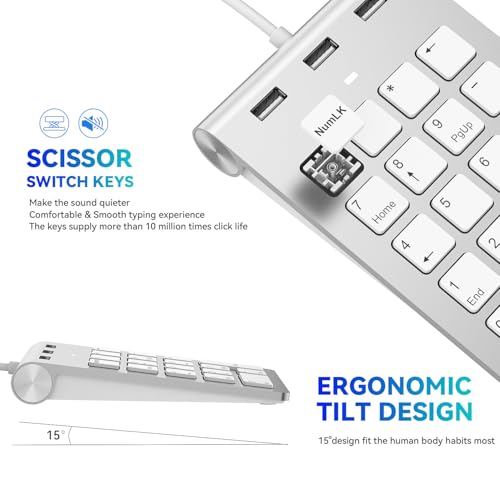 Wired Numeric Keypad USB-C & USB-A - 18 Keys Number Pad with 3 USB 2.0 Port, 15° Ergonomic Numeric Pad for Laptop/ Desktop/ Surface/ iPad, USB Number Keypad for Windows/macOS/Chrome OS, Plug & Play - color: White