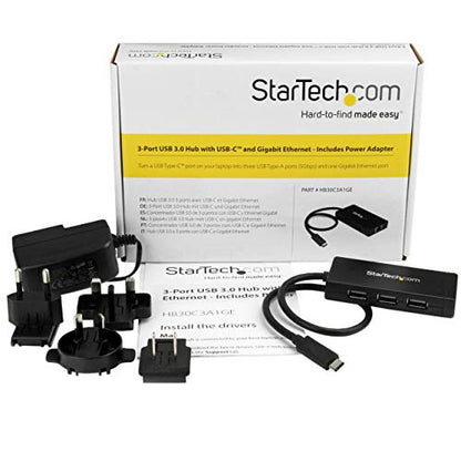 StarTech 3-Port USB-C Hub with Gigabit Ethernet and 3X USB-A, 5Gbps, TAA | Built-in 30cm USB-C cable, 3x USB-A, Fully powered connected devices, Desktop placement, Small footprint
