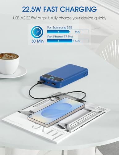 Nusyddy Portable Charger 12000mAh Fast Charging w/Built-in Wall Plug Navy | 22.5W Fast Charging, LED Display, Pass Through Charging, TSA Approved, Portable & Slim, Power Bank for iPhone, Samsung - color: Steel Blue
