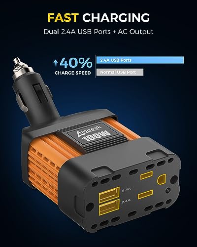 100W Car Power Inverter, 12V DC to 110V AC, Cigarette Lighter Plug | 200W Surge Peak, 1 AC Outlet, Dual USB 4.8A, 11 Protections, Rotating Head, for iPhone iPad Laptop - color: 100W Car Inverter