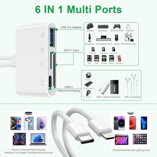 iPhone iPad SD Card Reader, 5-in-1 Lightning to USB Adapter SD Card Viewer with SD/TF Card USB 3.0 Adapter, Memory Card Reader for iPhone iPad MacBook Android SD Card Adapter Plug & Play