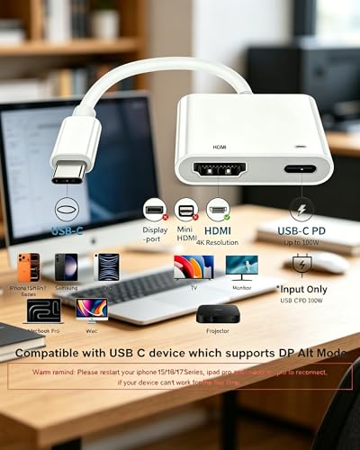 USBC to Hdmi Adapter Cable Hdmi to USB C iphone to Hdmi Adapter for Tv | 4K@60Hz100W Charging Compatible for iphone 17/16/15 Series Macbook ipad Pro to Hdtv Projector Monitor No Power Needed