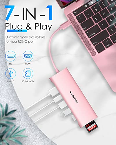 LENTION 7-in-1 USB C Multiport Hub with 4K HDMI, 100W PD, 3 USB 3.0 Ports, SD/MicroSD Card Reader Compatible MacBook Pro/Air 2016-2025 Stable Driver Adapter (CB-C36B, Rose Gold)