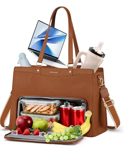 RAINSMORE Laptop Tote Bag with Insulated Lunch Compartment, 15.6 Inch Laptop Work Tote with Lunch Box Pocket for Women, Professional Water-Resistant Business Briefcase for Office,Brown - color: Brown