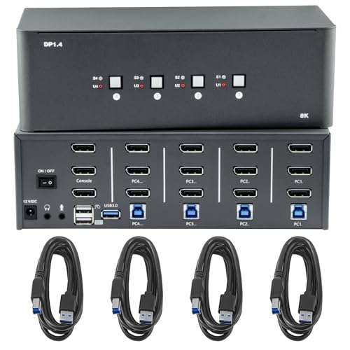 KVM Switch 3 Monitors 4 Computers, 8k Displayport Switch with USB 3.0, Jack, 4 Computers Share a Set of Keyboard, Mouse, Support Windows/Mac/Linux (Triple Monitor)