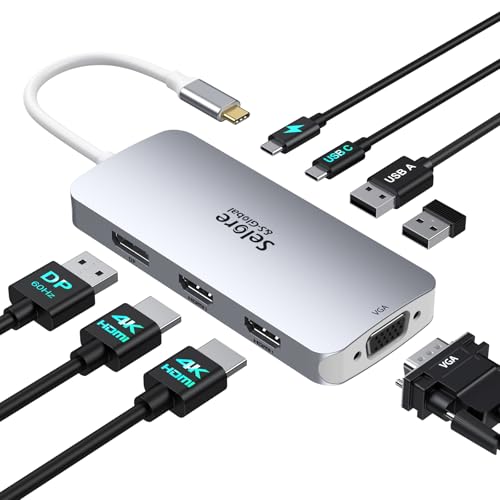 USB C Docking Station Dual HDMI Monitor Adapter Selore USB C Hub 3 Monitors | Docking Station with Dual HDMI, Displayport, VGA, 100W PD Charging, 3USB 2.0 Ports Adapter for Dell XPS,HP,Lenovo,etc(Silver) - color: White